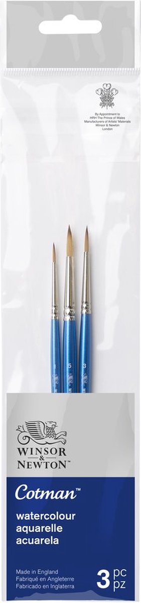 Winsor Newton 5390606 Cotman akvarelbørstesæt – kort skaft – 3-delt – runde børster størrelse 1, 3 5