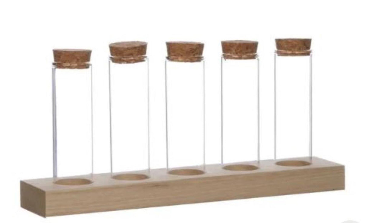 Ideas 4 seasons houten houder met 5 reageerbuizen met kurk stopper ã˜3x10cm