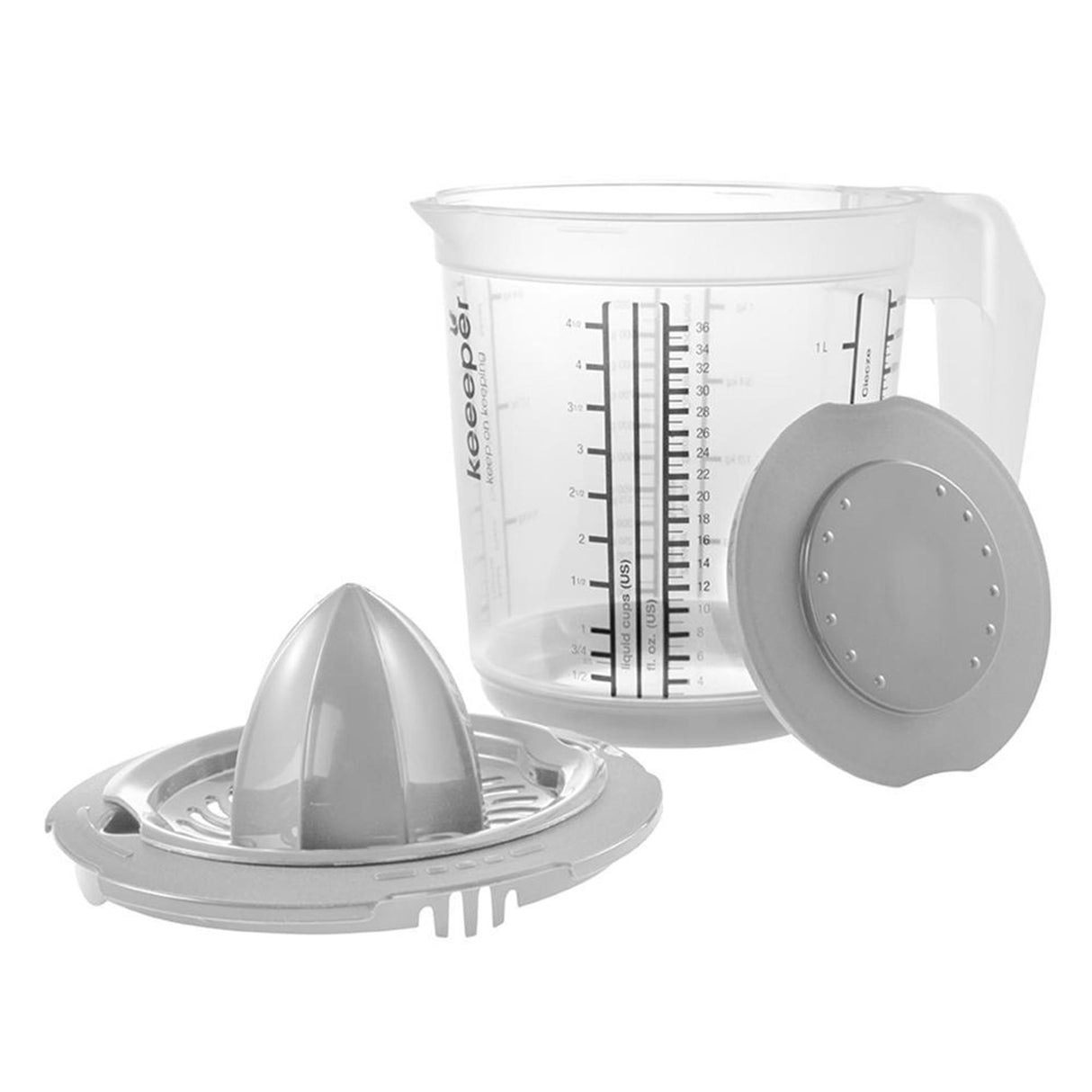 Keeper plastik målebæger anti-skrid 1l med låg og citruspresse ã˜14x15cm nordic grey
