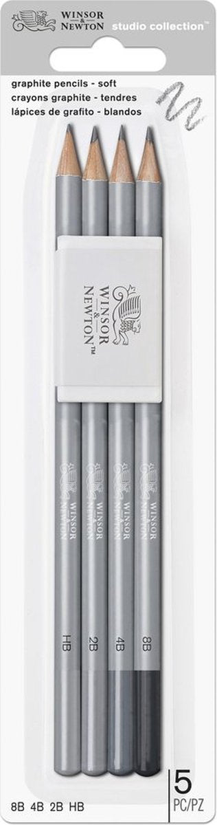 Winsor Newton 0490004 Studio Collection Grafitblyanter Sæt – HB, 2B, 4B, 8B + Viskelæder | skitse tegne blyanter