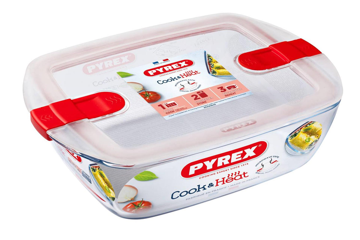 Pyrex kog varme rektangulært fad med låg 1,1l 23x15x6cm
