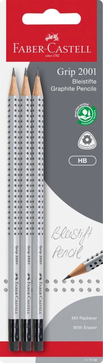 Faber-castell faber castell grafit blyantsæt - greb 2001 - hårdhed hb - med viskelæder - 3 stk i blisterpakning - fc-117298