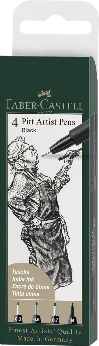 Faber-castell fineliner - tegnepen - fineliners + penselpen - pitt artist pen - 4 stk - sort - fc-167100