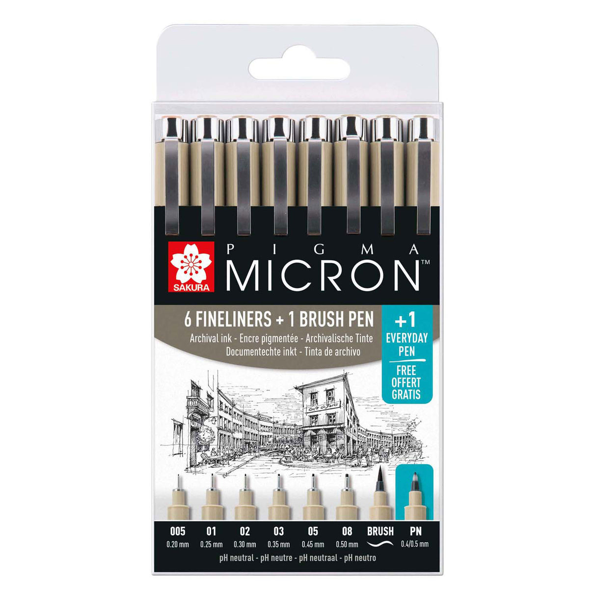 Sakura pigma micron fineliners - reklamesæt etui - 7 fineliners sort og 1 pigma micron PN