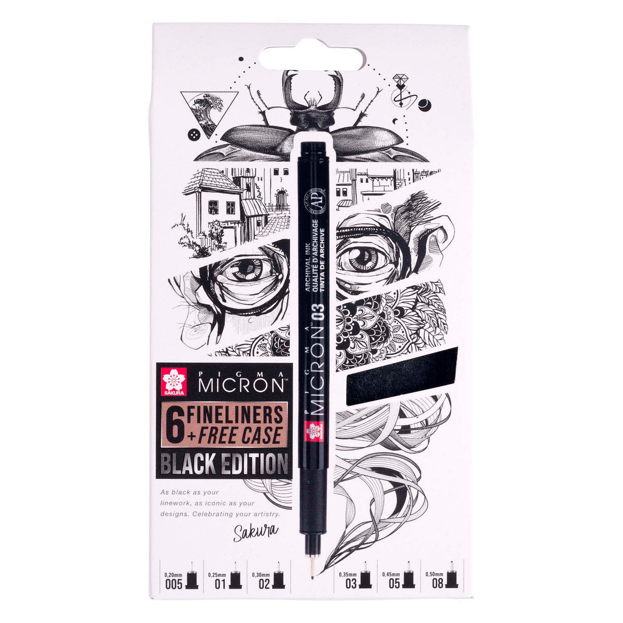 Sakura pigma micron black edition sæt og gratis etui, 6 stk