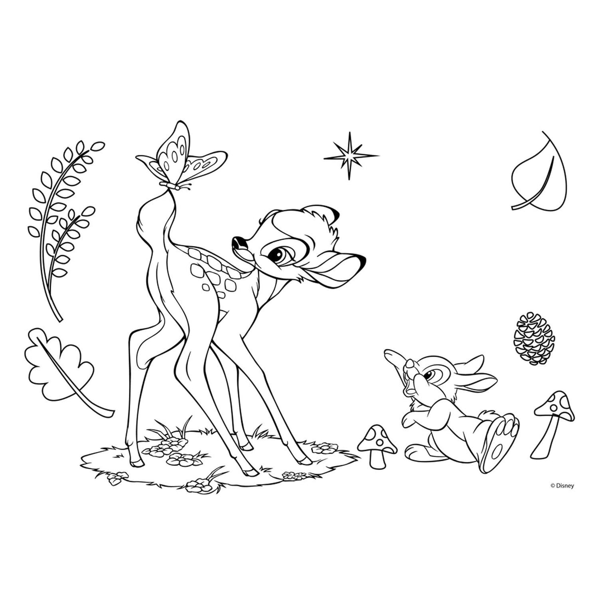 Disney bambi farvelægningssider med stencil og klistermærkeark