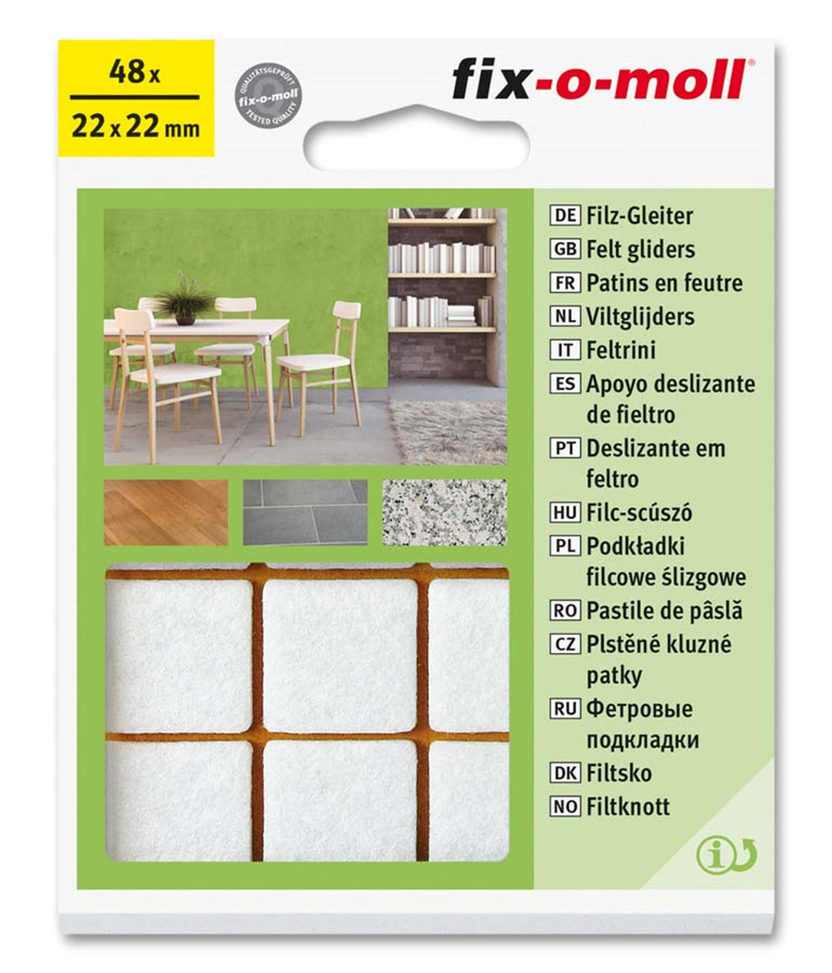 Fix-o-moll filtglider 22x22mm 48 stk hvid