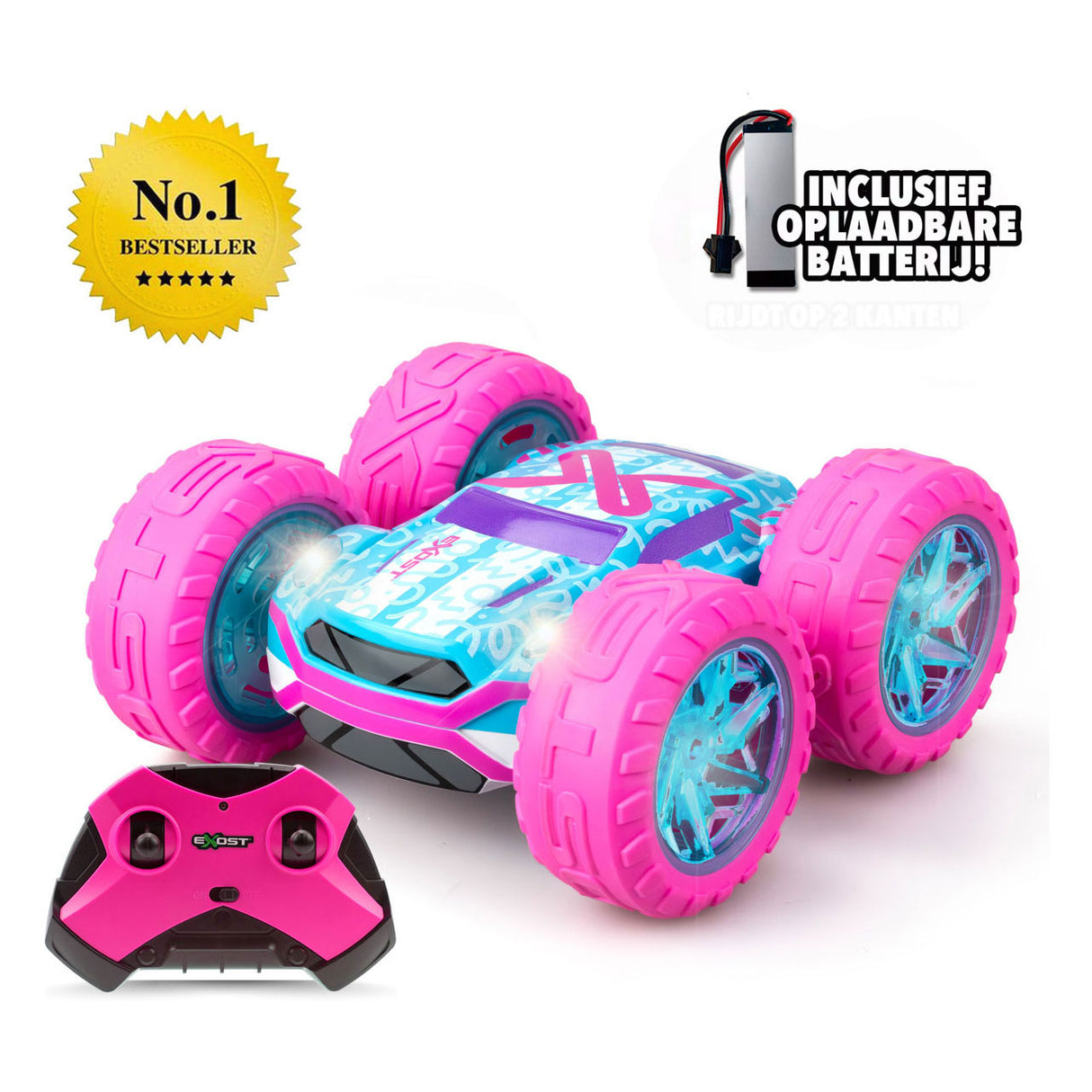 Exost rc 360 cross flash stunt bil pink 1:18 - blinkende hjul - inkl. genopladeligt batteri - rc bil