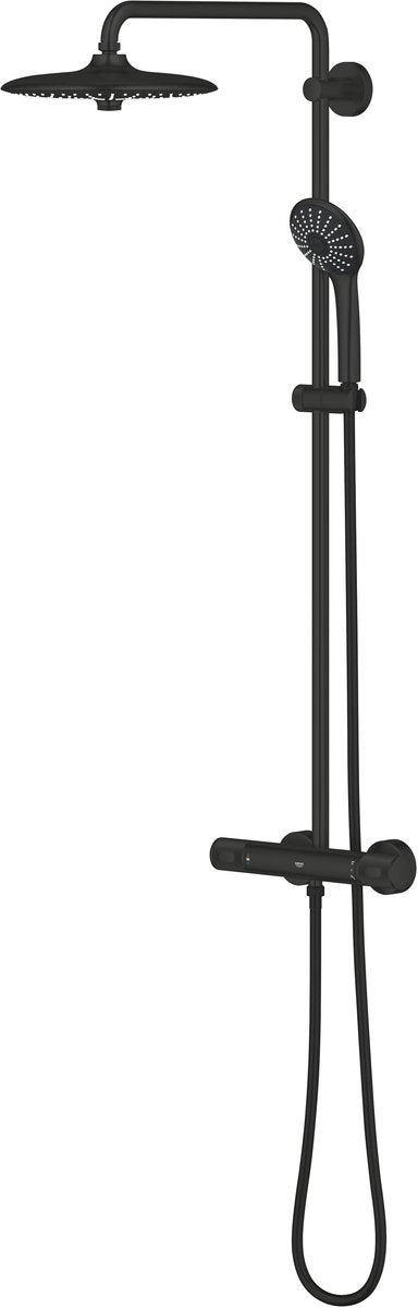 Grohe vitalio joy 260 brusesystem med cooltouch termostat - 260 mm hovedbruser med 3 dyser og 110 mm håndbruser med 3 dyser - vandbesparende - vægmonteret - mat sort