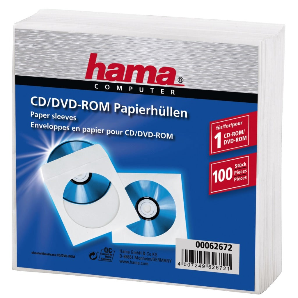 Hama CD DVD beskyttelseshylstre papir hvid 100 stk