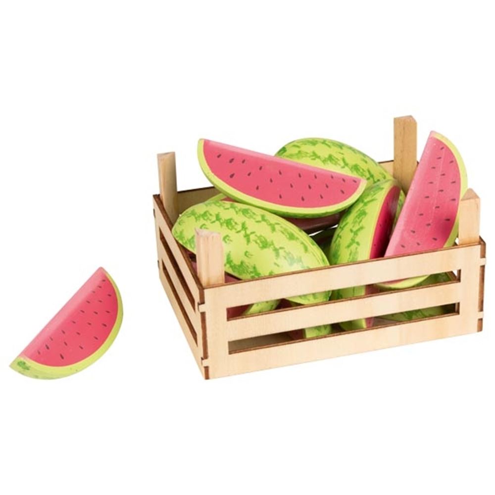 Meloner i frugtkasse. 8,5 cm høj. 3+.