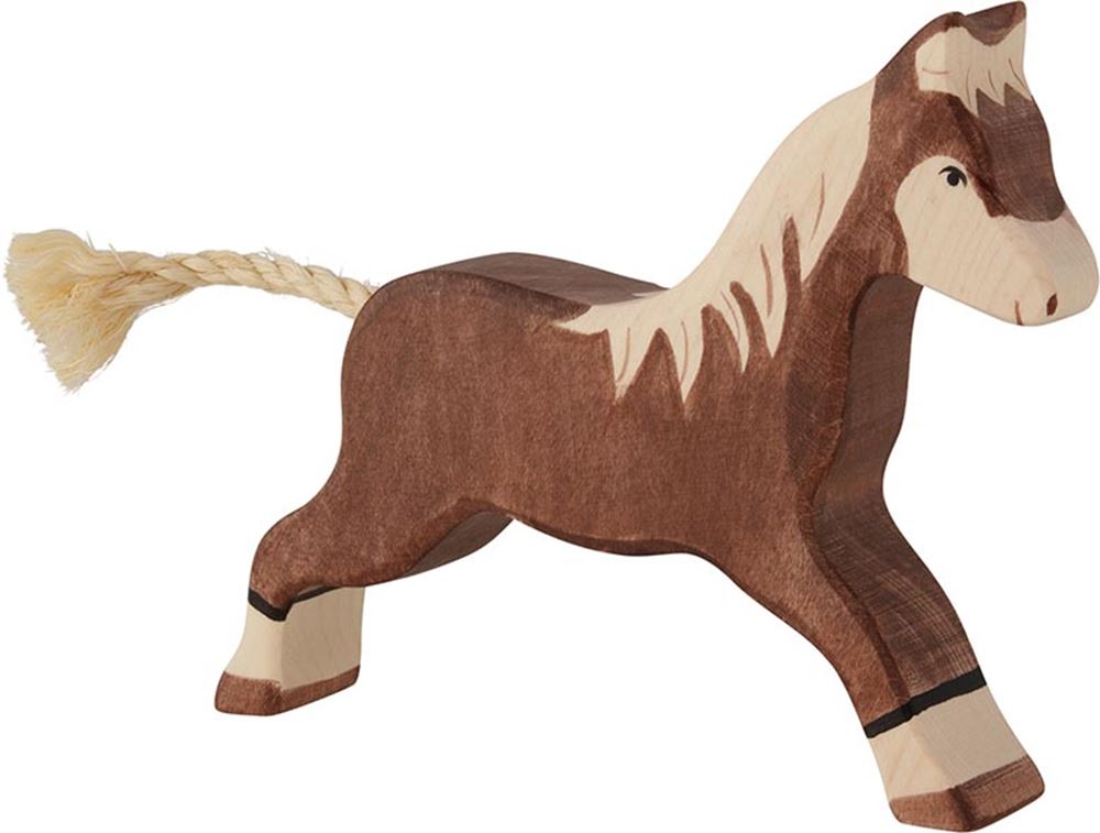 Holztiger hest, løbende, mørkebrun.
