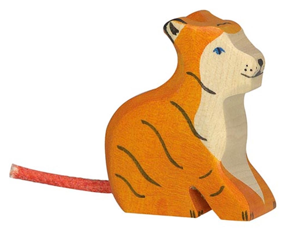 Holztiger tiger, lille, siddende. 6 cm.