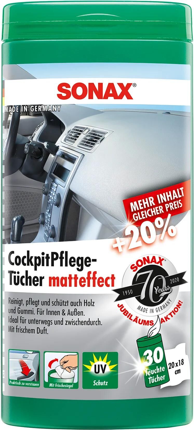 Sonax plast vedligeholdelse cockpit pleje mat effekt plast servietter silke mat