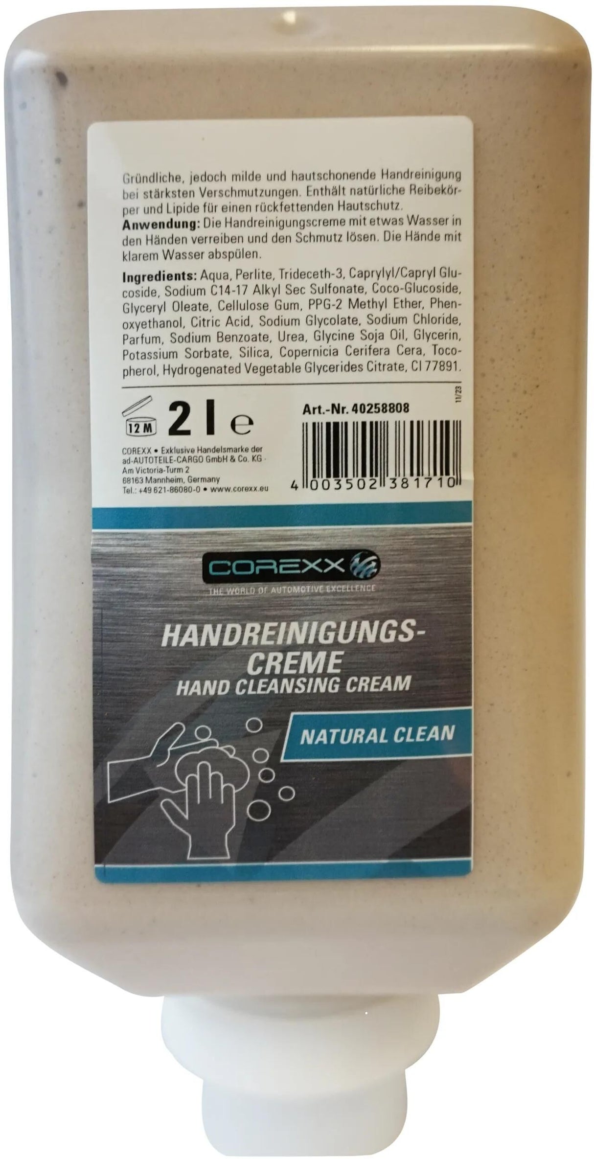 Corexx hudbeskyttende naturlig ren håndrens creme 2l