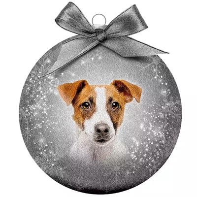 Masser af gaver julekugle frostet jack russel sølv