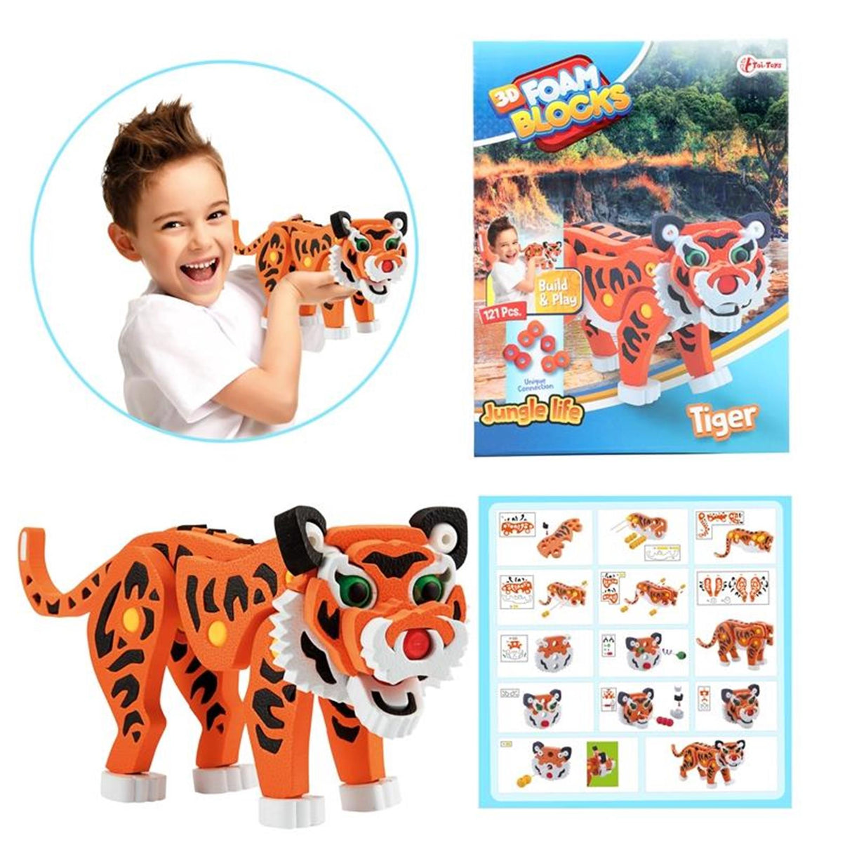 Toi-legetøj 3D puslespil tiger junior 31,5 cm skum orange 121 dele