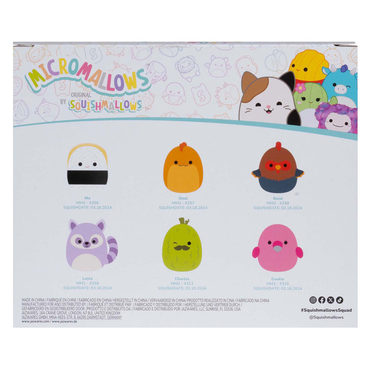 Squishmallows nuttede plys-mikromallows - charles, onel, mo, småkage, siv, layla, 6-pack