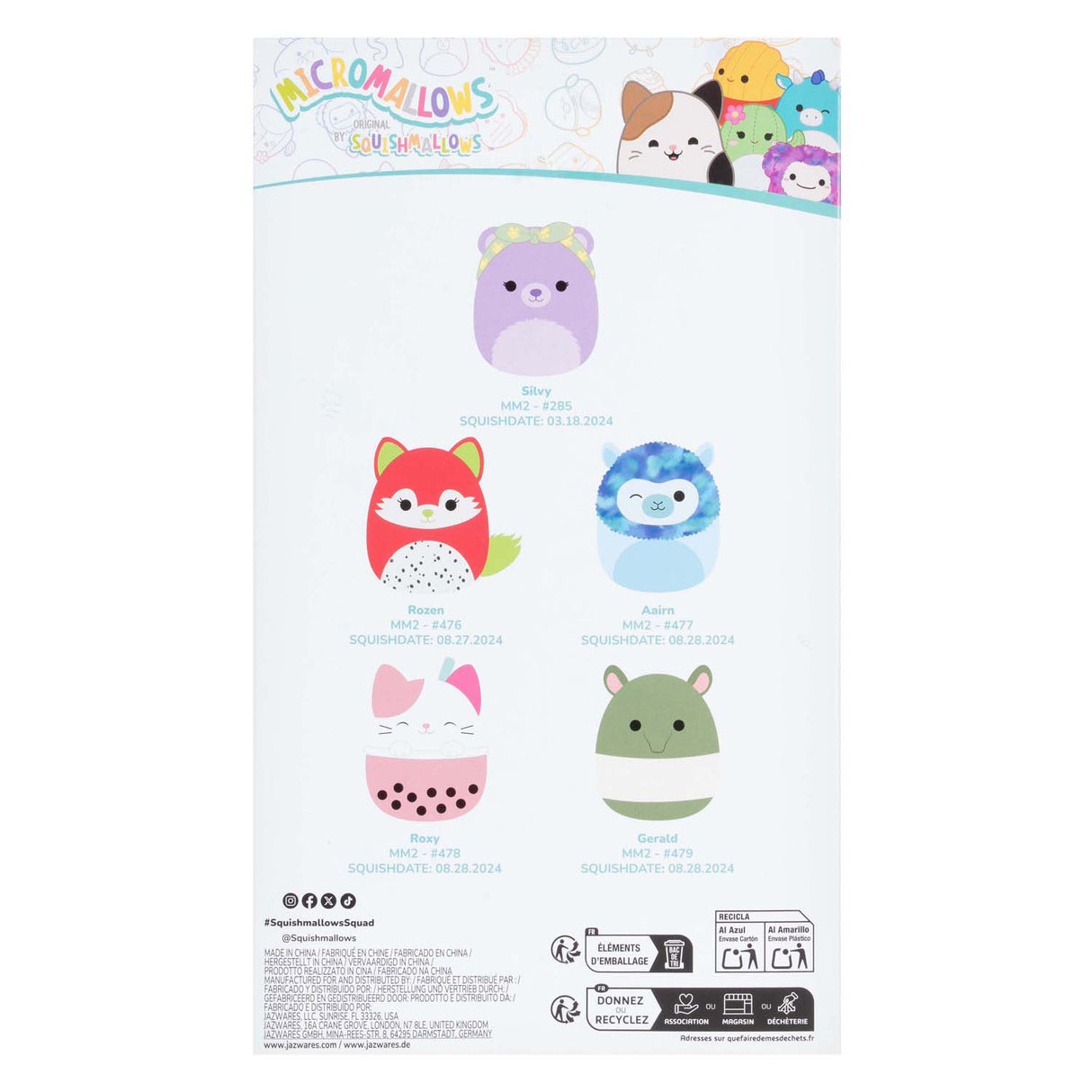 Jazwares squishmallows krammeplys - micromallows silvy, roser, aarin, roxy, gerald - 5 stk.