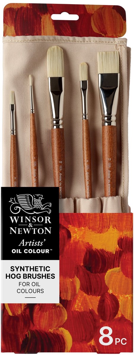 Winsor Newton 5010902 Artists Oil Synthetic Hog Brush Roll – 8 højkvalitets syntetiske oliemalingspensler til professionelle kunstnere (lang flad, flad, blank, rund, filbert, glasur)