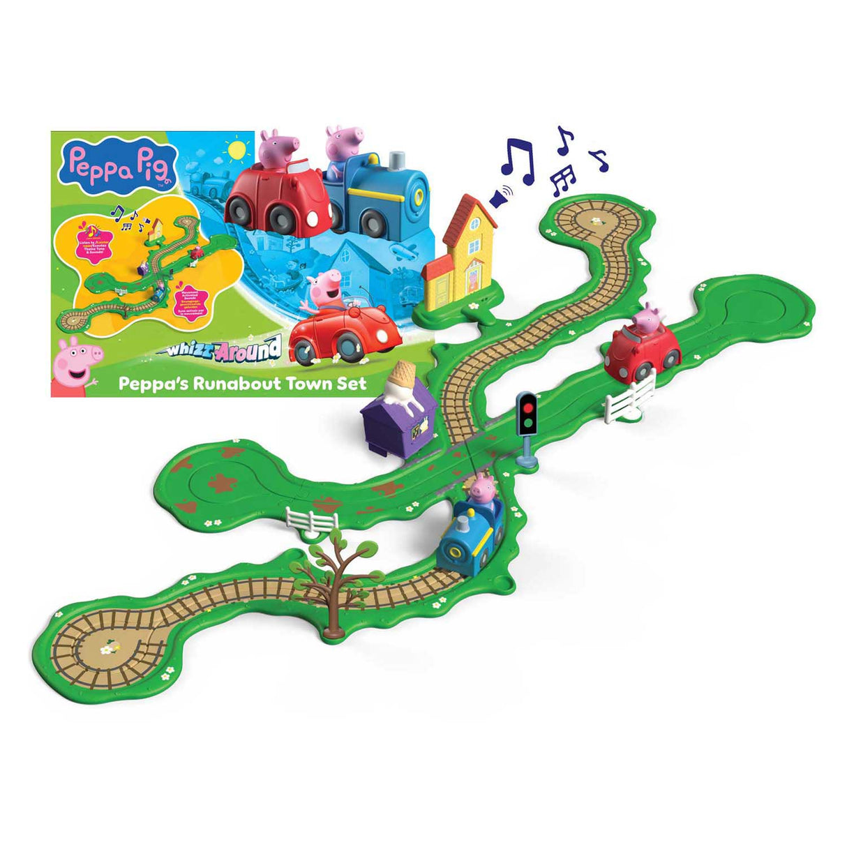 Gear2play peppa pig suser rundt - Peppas ringvej gennem byens legesæt - modulbane til sus rundt i køretøjer - interaktiv med musik og lyd