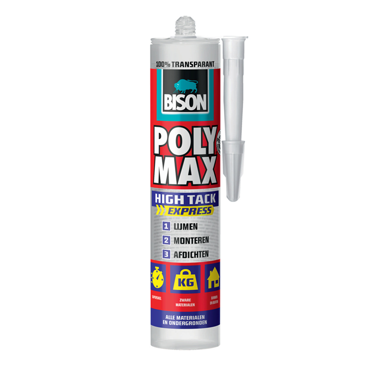 Bison poly max high tack express transparent rør 300 gram, monteringslim, limning, montering og tætning, unik SMP teknologi, opløsningsmiddelfri, indendørs og udendørs, næsten alle overflader