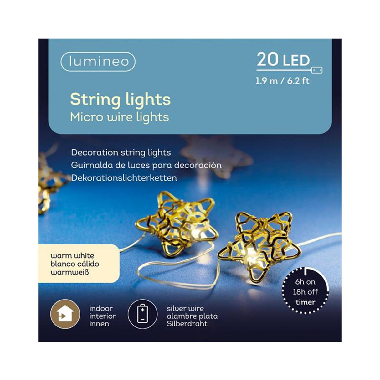 Lumineo mikro LED dekorationsbelysning, 20 lys med stjerner, metal med timer, batteridrevet