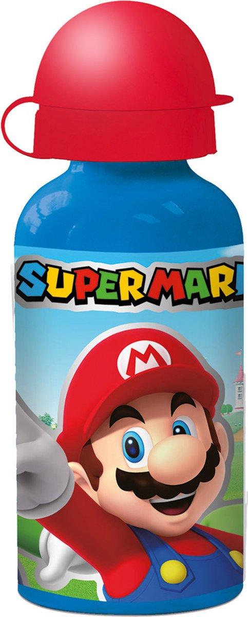 Stor nintendos super mario aluminium drikkeflaske - 400 ml - letvægts - lækagesikker skruelåg - drikkedunk til børn - blå rød