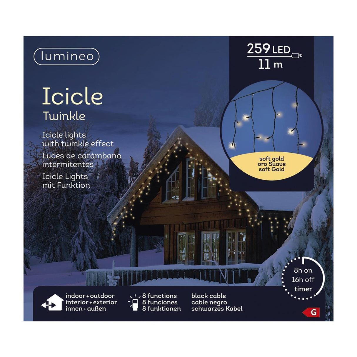 Lumineo LED istap belysning 259LED 1100cm 8 funktion glimt effekt 8 timers timer sort blød guld udendørs
