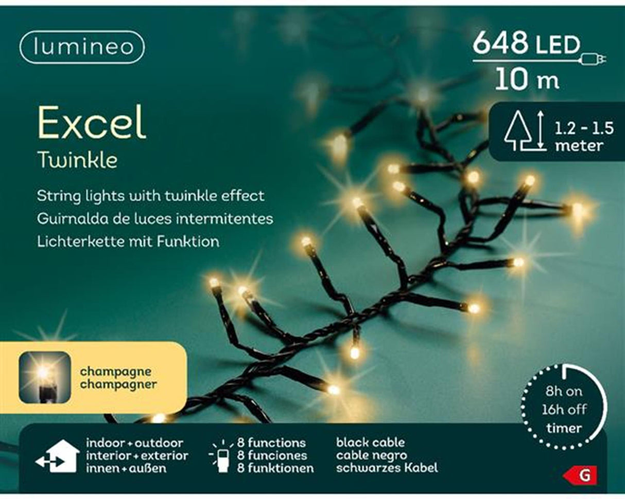 Lumineo julelys excel glimt 10 meter 648 lamper champagne