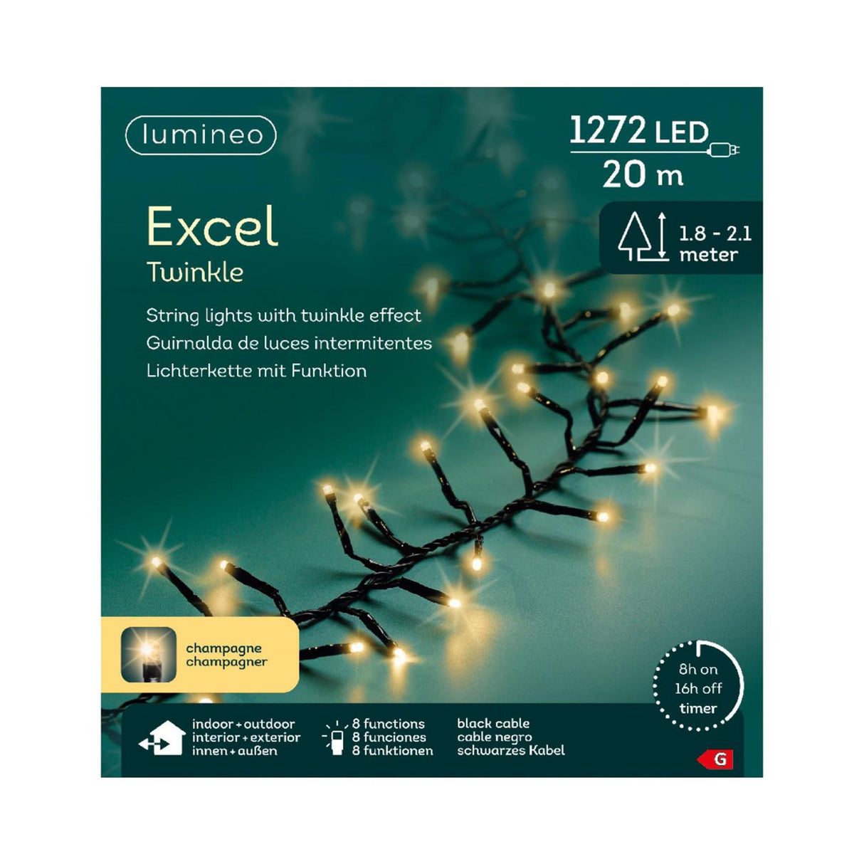 Lumineo julelys excel glimt 20 meter 1272 lamper champagne