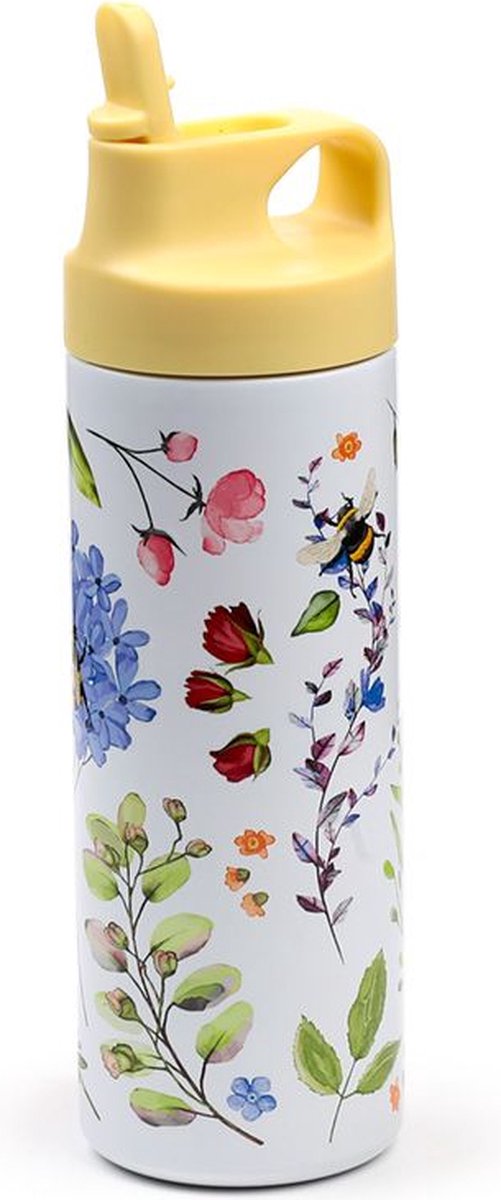 Puckator drikkeflaske termokande rustfrit stål - nektar eng - bi vilde blomster - hvid lyseblå - flip top - 500ml - 22,5x7x7cm