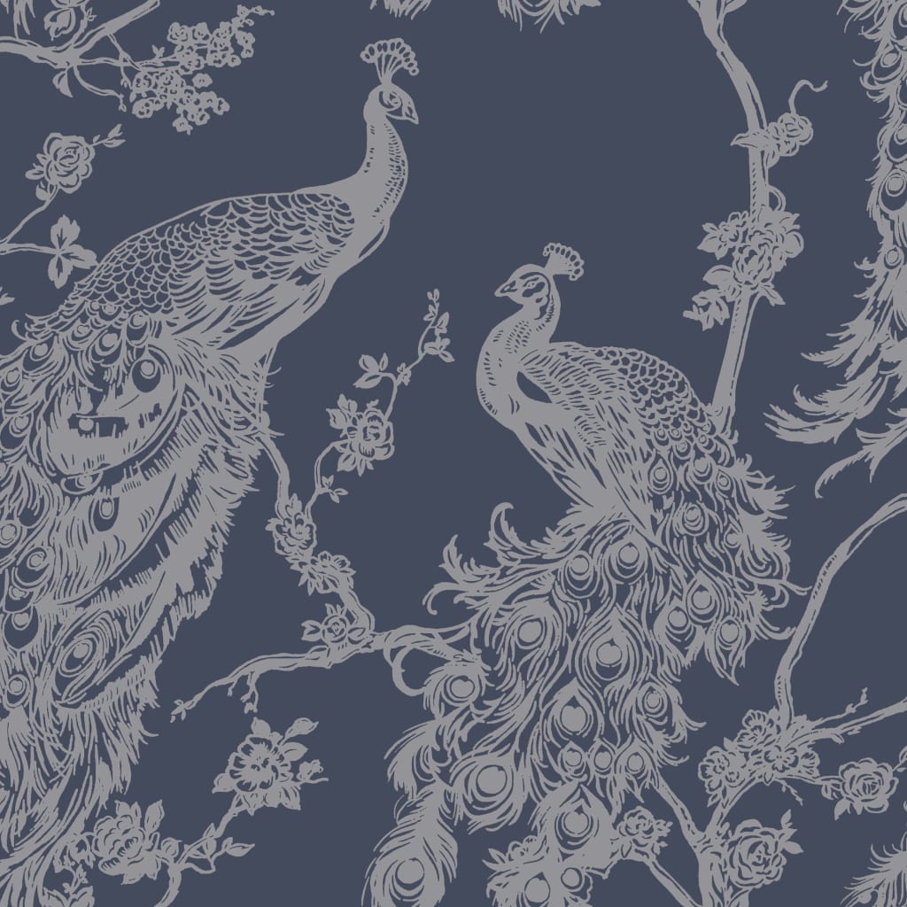 Hollandske Wallcoverings Dutch Wallcoverings Tapet Peacock Marine Blå og sølvfarvet