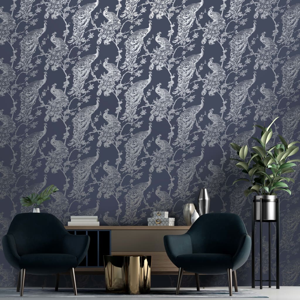 Hollandske Wallcoverings Dutch Wallcoverings Tapet Peacock Marine Blå og sølvfarvet