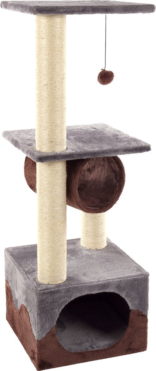 Flamingo kradsestolpe – kangri 5 gråbrun – 35 × 35 × 102 cm – sisal kradsestolpe – med tunnel, husliggeplatforme – til katte