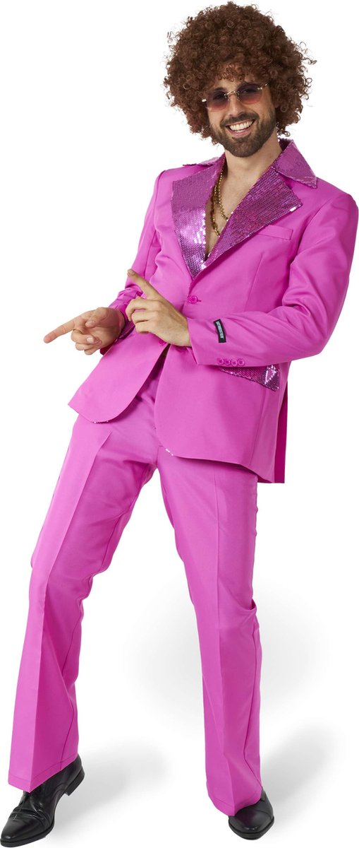 Suitmeister disco kostuum - heren pak - carnavalskleding - saturday night fever kostuum - inclusief jasje en flare pants - roze - maat: m