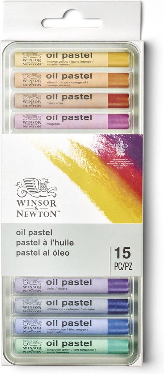 Winsor Newton 1890001 oliepastelsæt – 15 stykker, stærkt pigmenterede, udtryksfulde oliepasteller i metalæske
