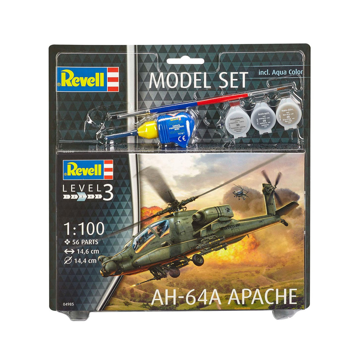Revell modelsæt - ah-64a apache 56 stk. - inkl. grundlæggende malingsfarver
