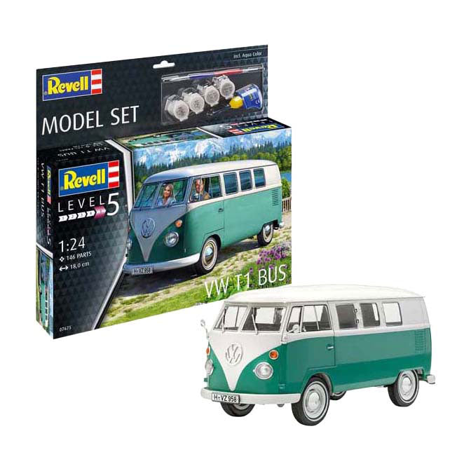 Revell modelsæt - vw t1 bus 1:24 - 146 stk. - inkl. grundlæggende malingsfarver