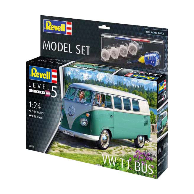 Revell modelsæt - vw t1 bus 1:24 - 146 stk. - inkl. grundlæggende malingsfarver