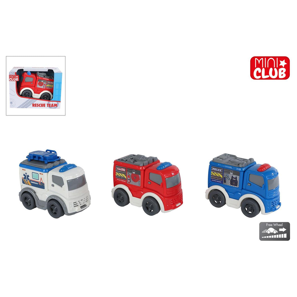 Miniklub redningskøretøj frihjul 8cm 3 assorteret