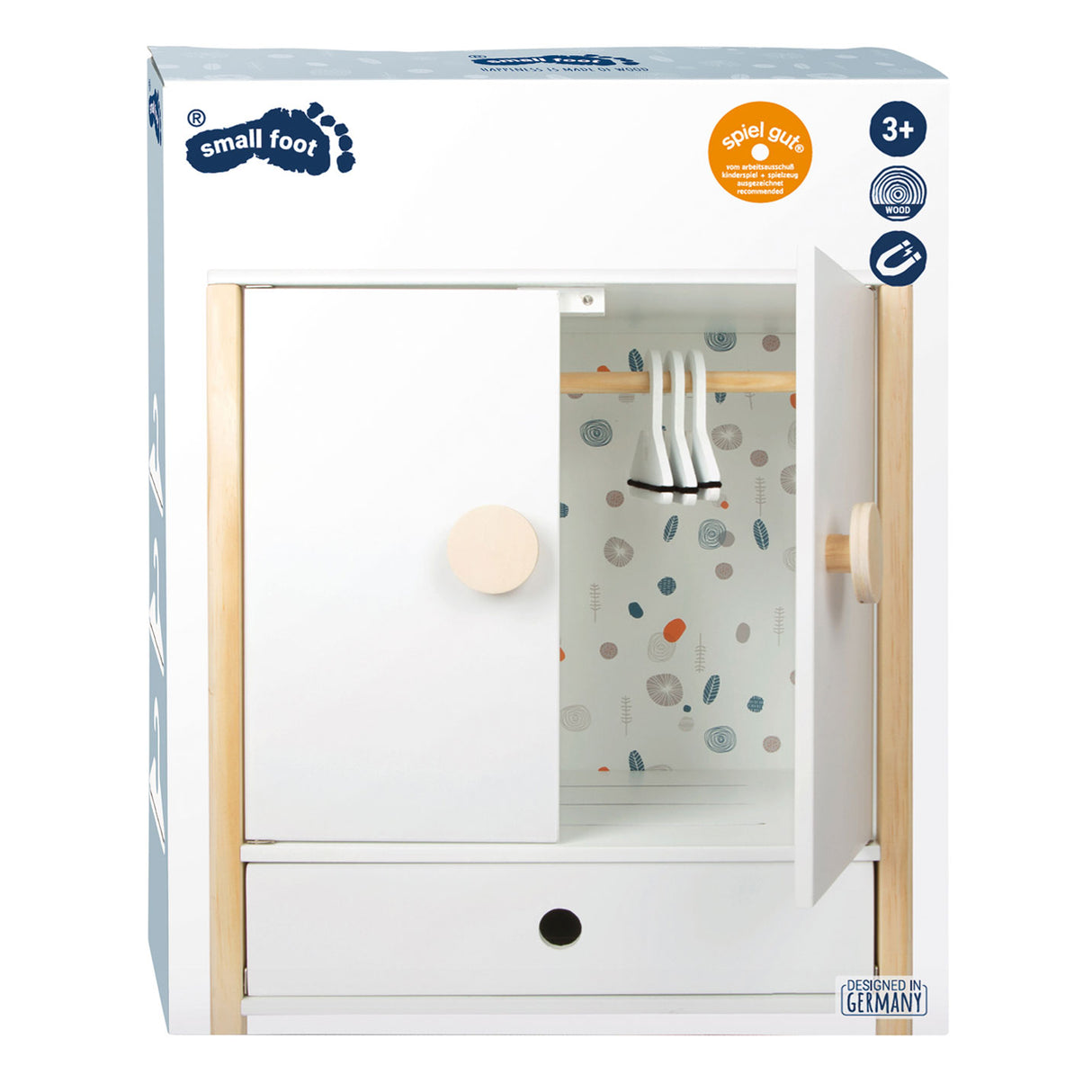 Lille fod - dukkegarderobe i træ lille knap med bøjler, 3 dele.