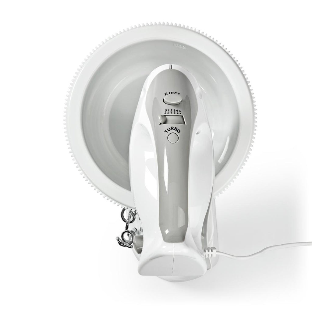 Nedis Kahm110CWT håndmixer 200 W 5-hastigheds turbofunktion drejeskål 2 dejkroge 2 piskeris Grå hvid