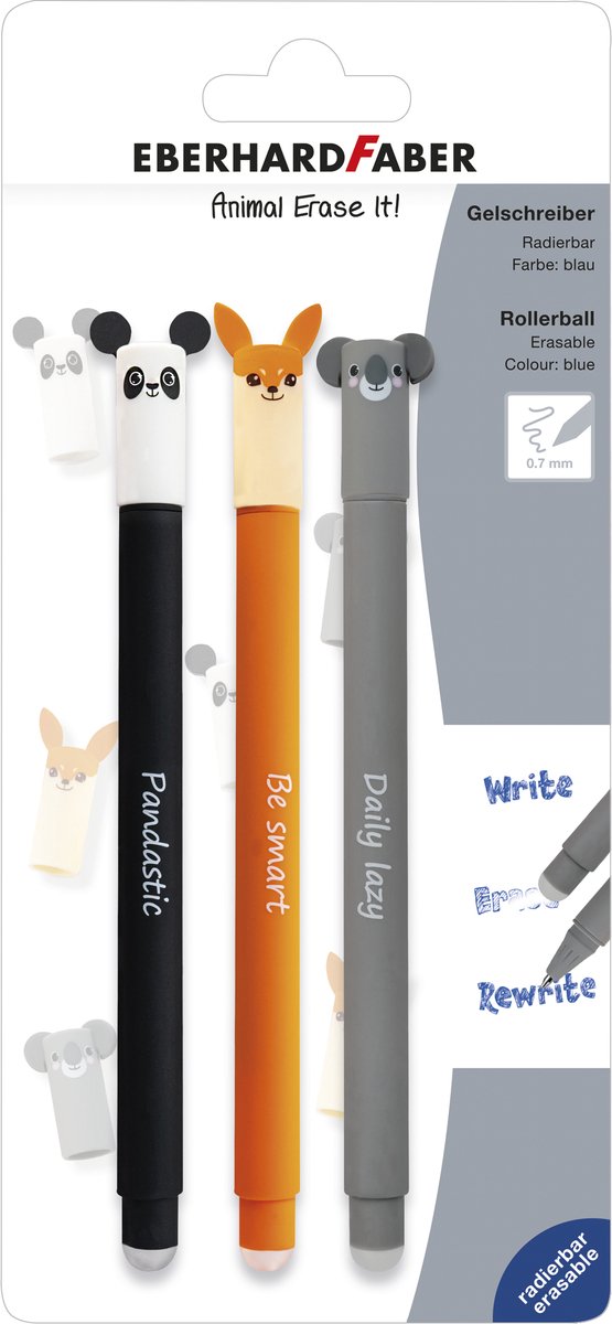 Eberhard faber - gel pen - animal erase-it - blister ass. farve - skrivefarve blå - ef-582123 - (panda, koala, ræv)