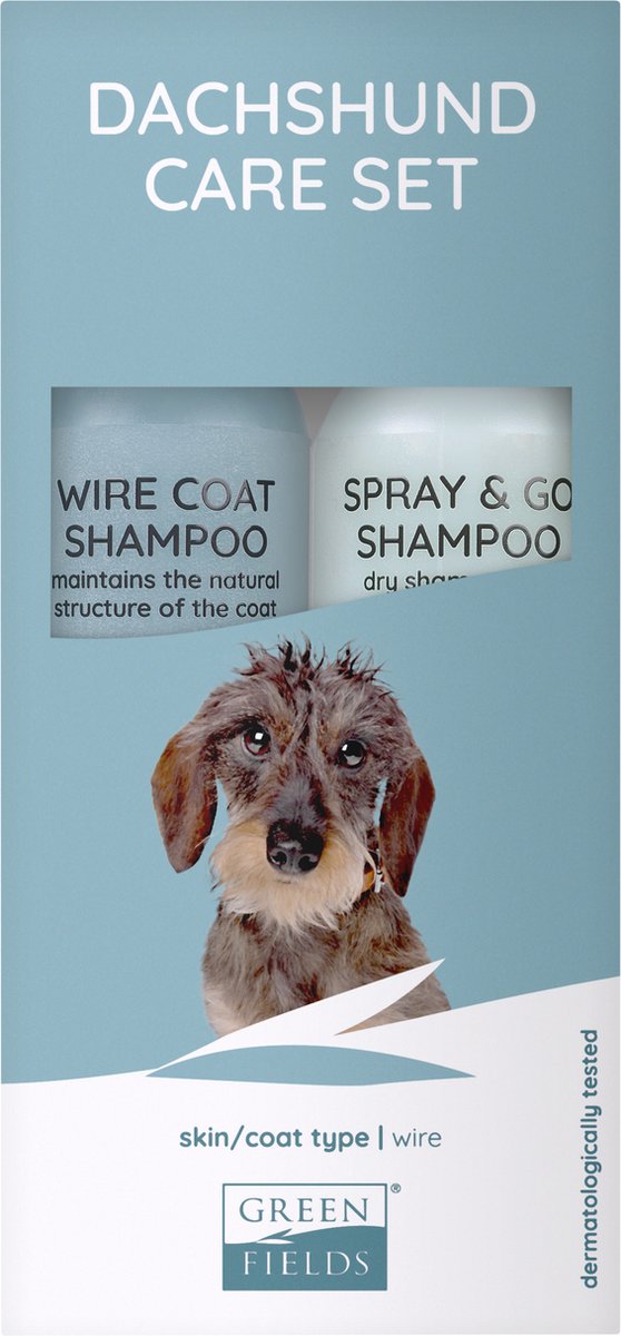 Greenfields vacht verzorgingsset voor teckel dachshund - voor gezonde en zachte vacht - wire coat shampoo en spray go droogshampoo 250ml