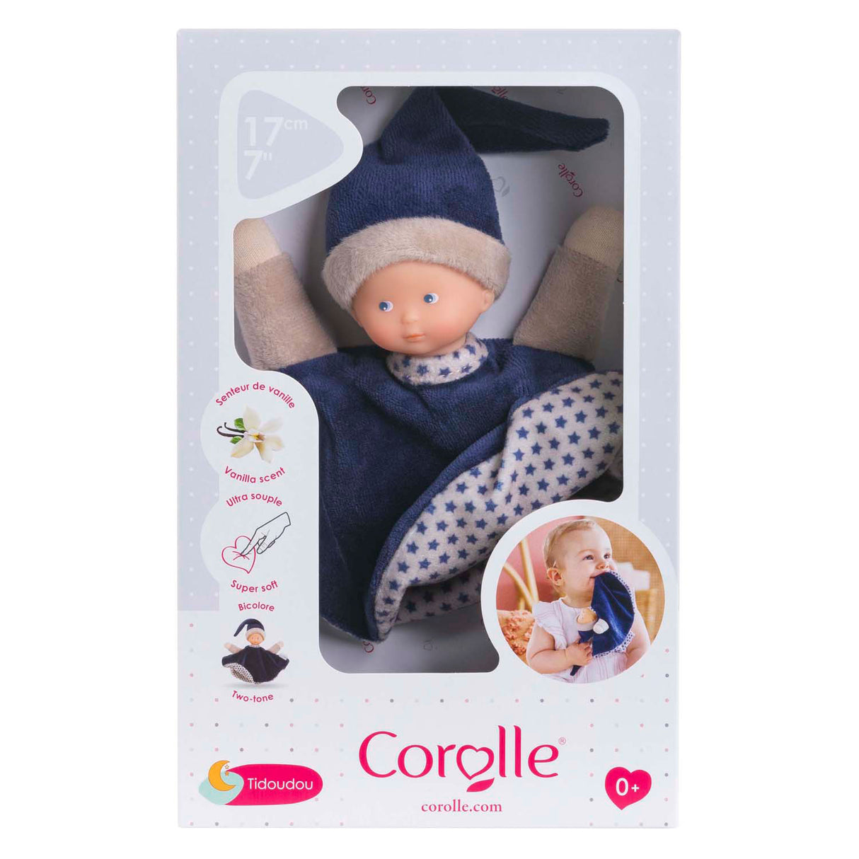 Corolle krammeklud - marineblå babyklud 17cm - blødt legetøj.