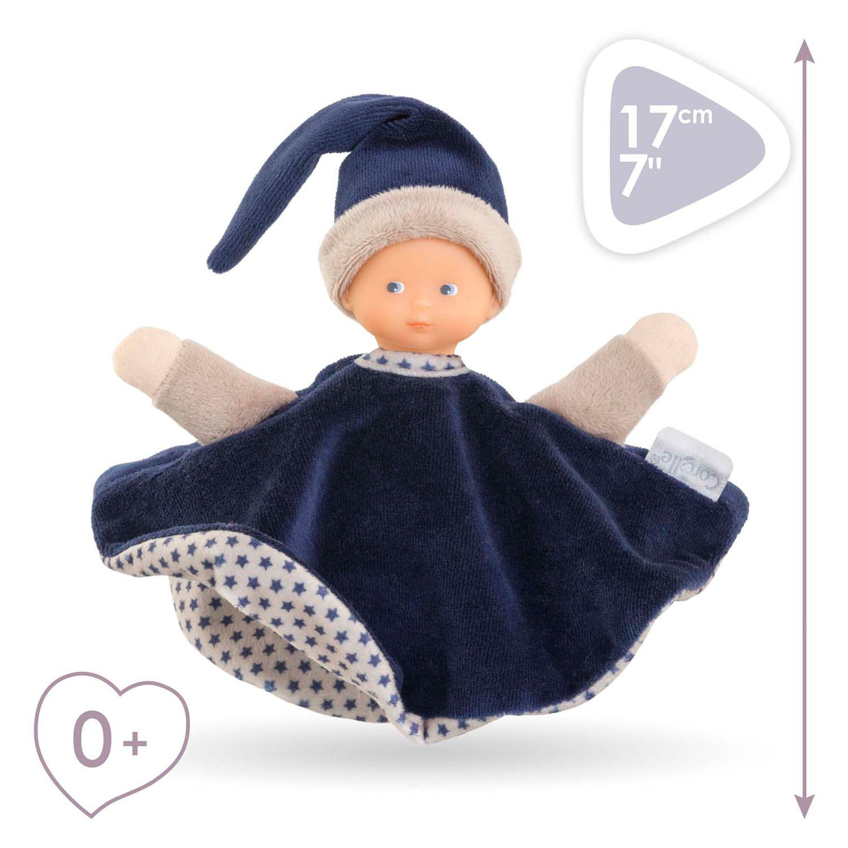 Corolle krammeklud - marineblå babyklud 17cm - blødt legetøj.