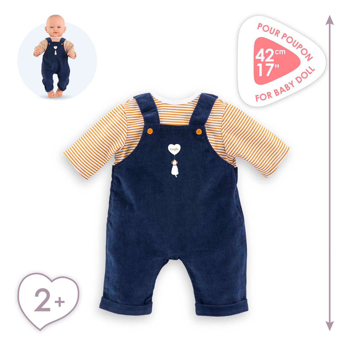 Corolle t-shirt og marineblå heldragt til babydukke, 42 cm