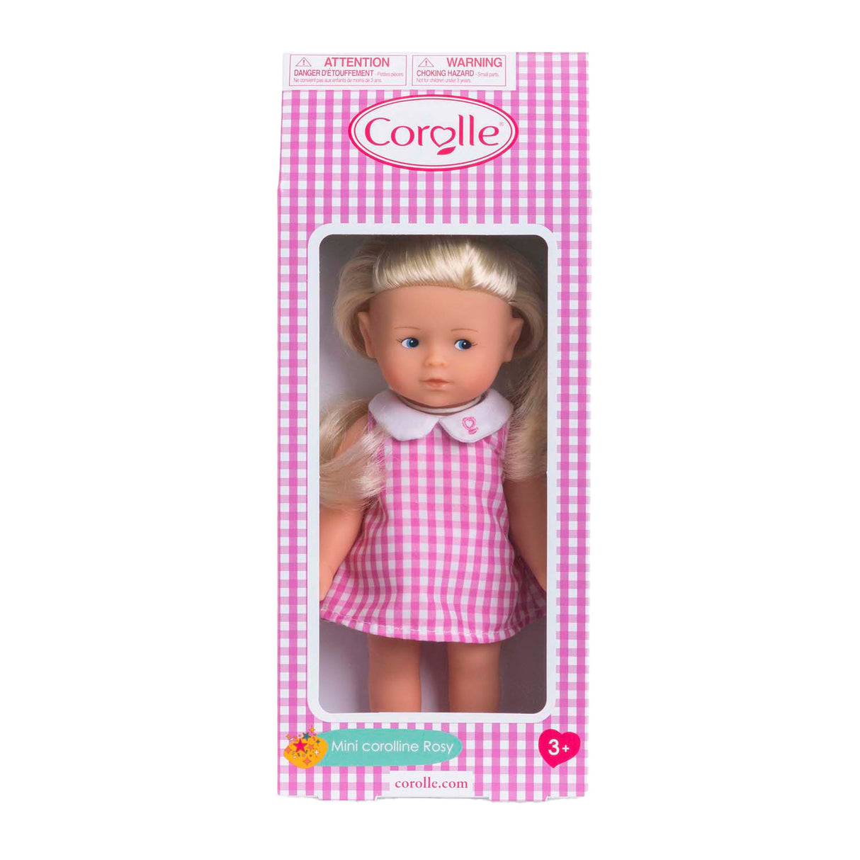 Corolle baby dukke mini corolline rosenrød med pink ternet kjole dukke.