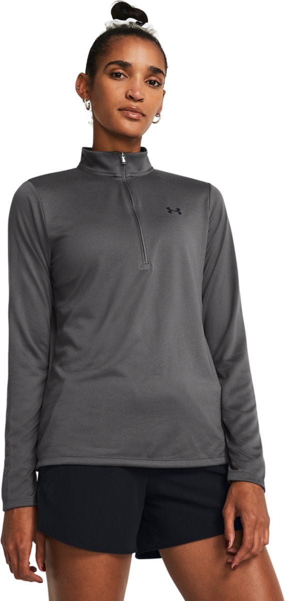 Under armour tech 1 2 lynlås - ensfarvet grå damesportstrøje - castlerock - sort
